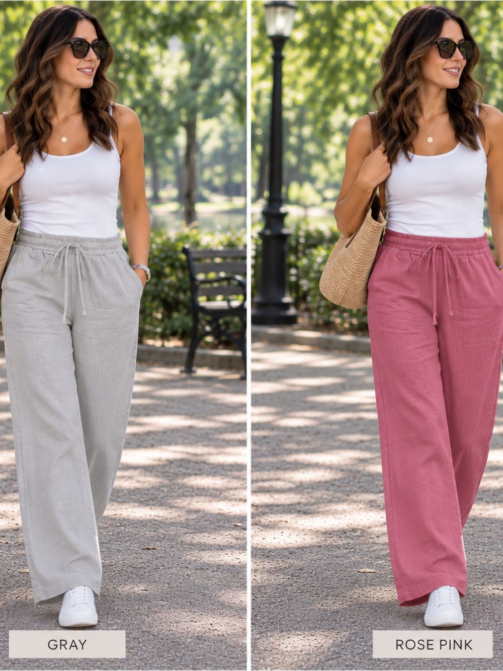 SET OF TWO PANTS: Women's Wide-Leg Drawstring Pants - Rose Pink & Gray